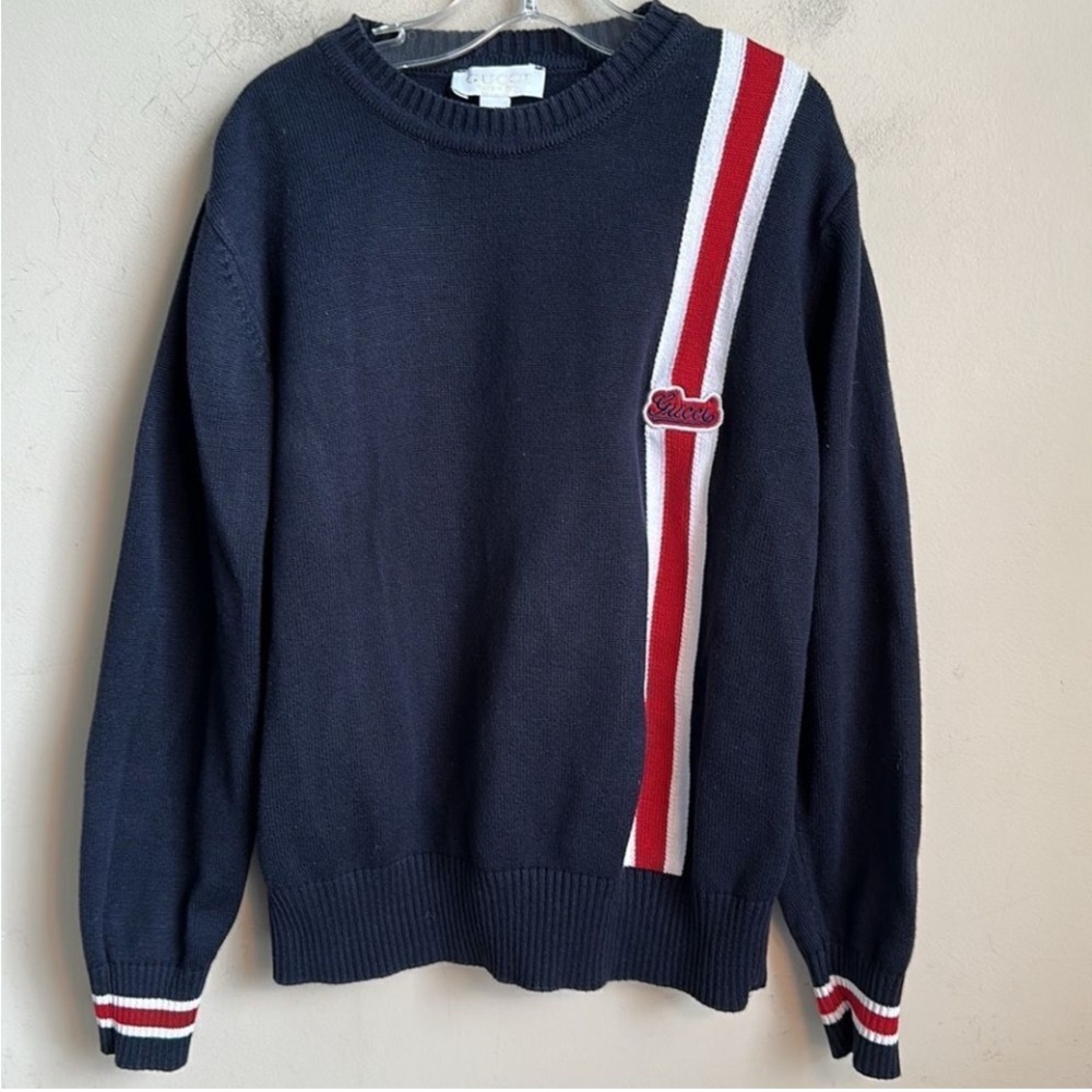 Gucci Dark Blue Crewneck Sweater with Red and White Accents